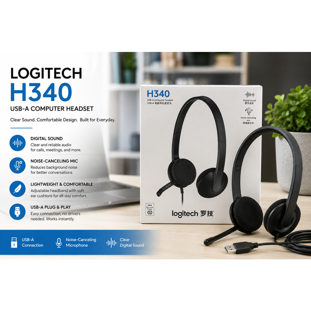 Casque-Micro Logitech H340 — Filaire USB, Micro Antibruit | Idéal Visio, Télétravail & Appels | PC & Mac