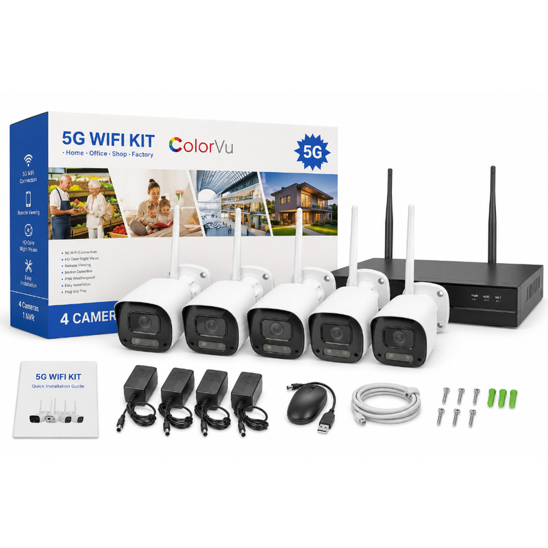 Kit Caméra Surveillance Sans Fil 4 Caméras ColorVu — WiFi, Vision Couleur Nuit, Accès à Distance | Enregistrement 24h/24