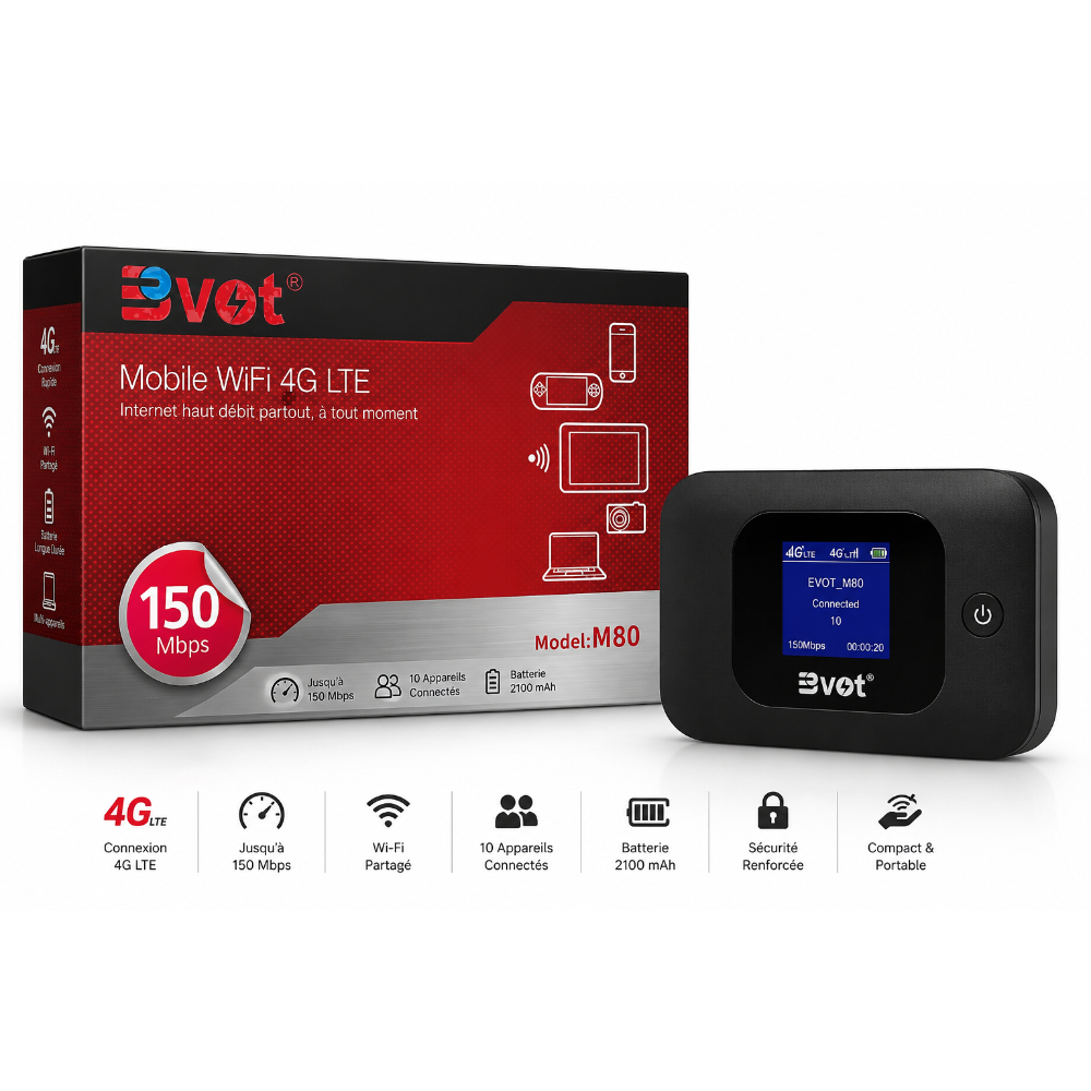 Routeur WiFi Mobile 4G LTE Evot M80 — Jusqu'à 150 Mbps, 10 Appareils | Batterie 2100 mAh, MiFi de Poche -Orange-MTN